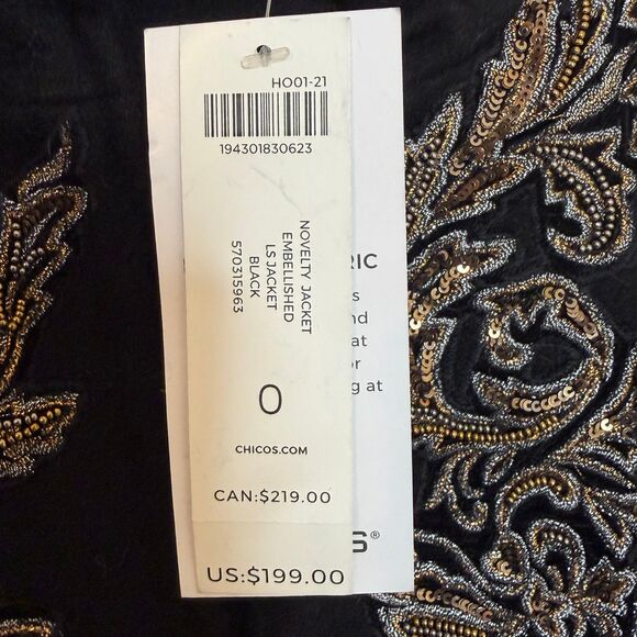 NWT Chico’s size 0 small 4/6 novelty embellished jacket black gold - Picture 2 of 5
